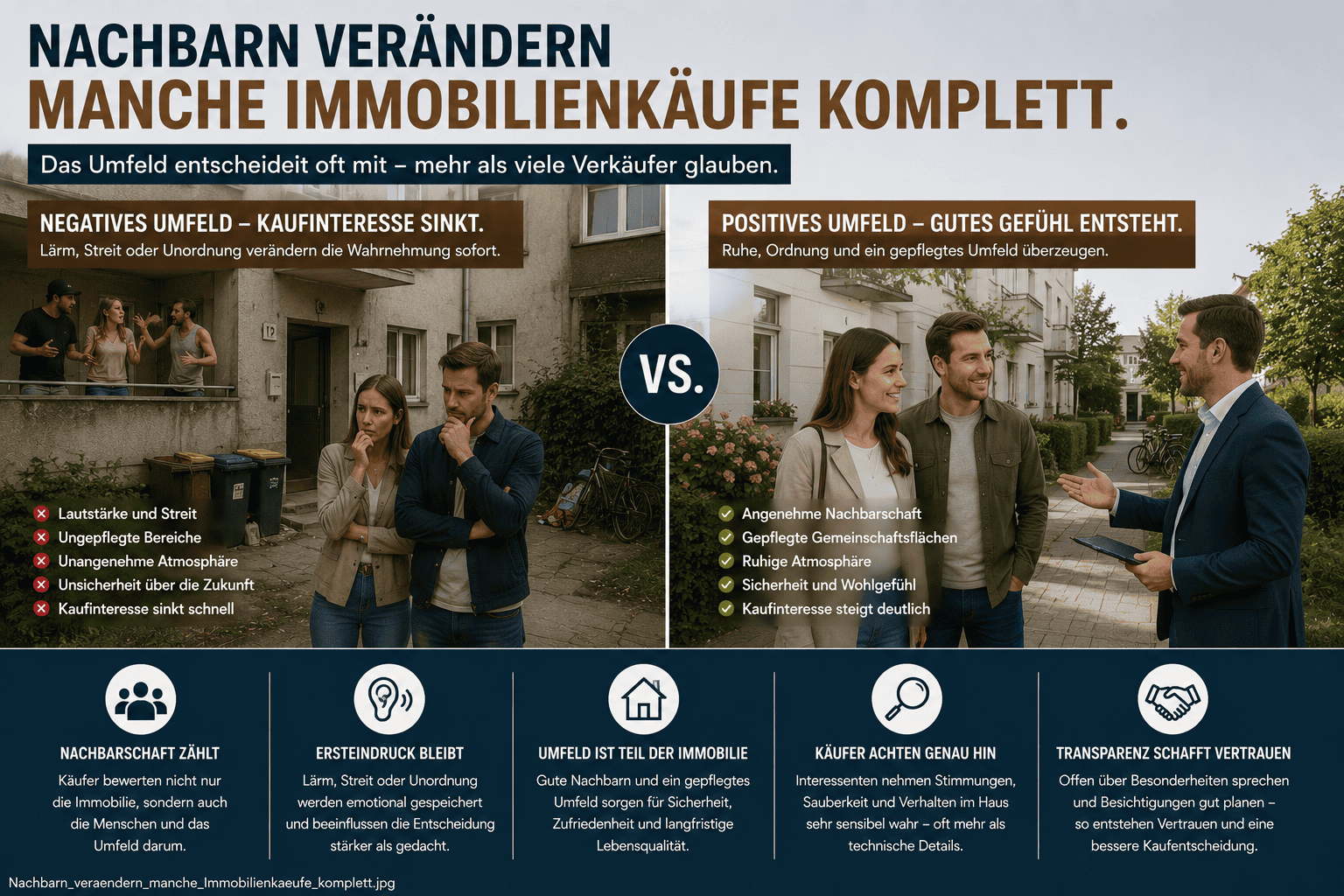 Die Immobilie passt. Der Grundriss überzeugt. Die Lage wirkt gut. Die Finanzierung steht fast. Und trotzdem scheitern manche Kaufentscheidungen am Ende an einem Faktor, den viele Verkäufer massiv unterschätzen: den Nachbarn.