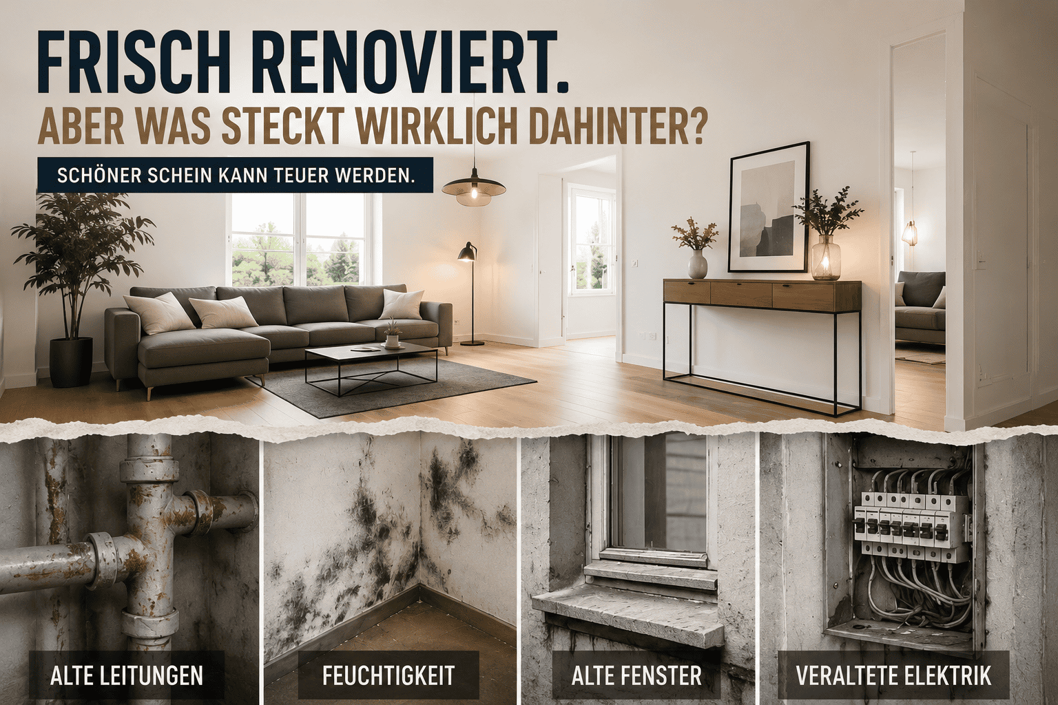 „Frisch renoviert“ bedeutet nicht automatisch „gut saniert“ Die Immobilie wurde frisch renoviert. Eine Aussage, die bei Besichtigungen fast immer positiv wirkt. Und genau das ist auch verständlich. Neue Böden, moderne Farben und ein schönes Bad erzeugen sofort ein gutes Gefühl.