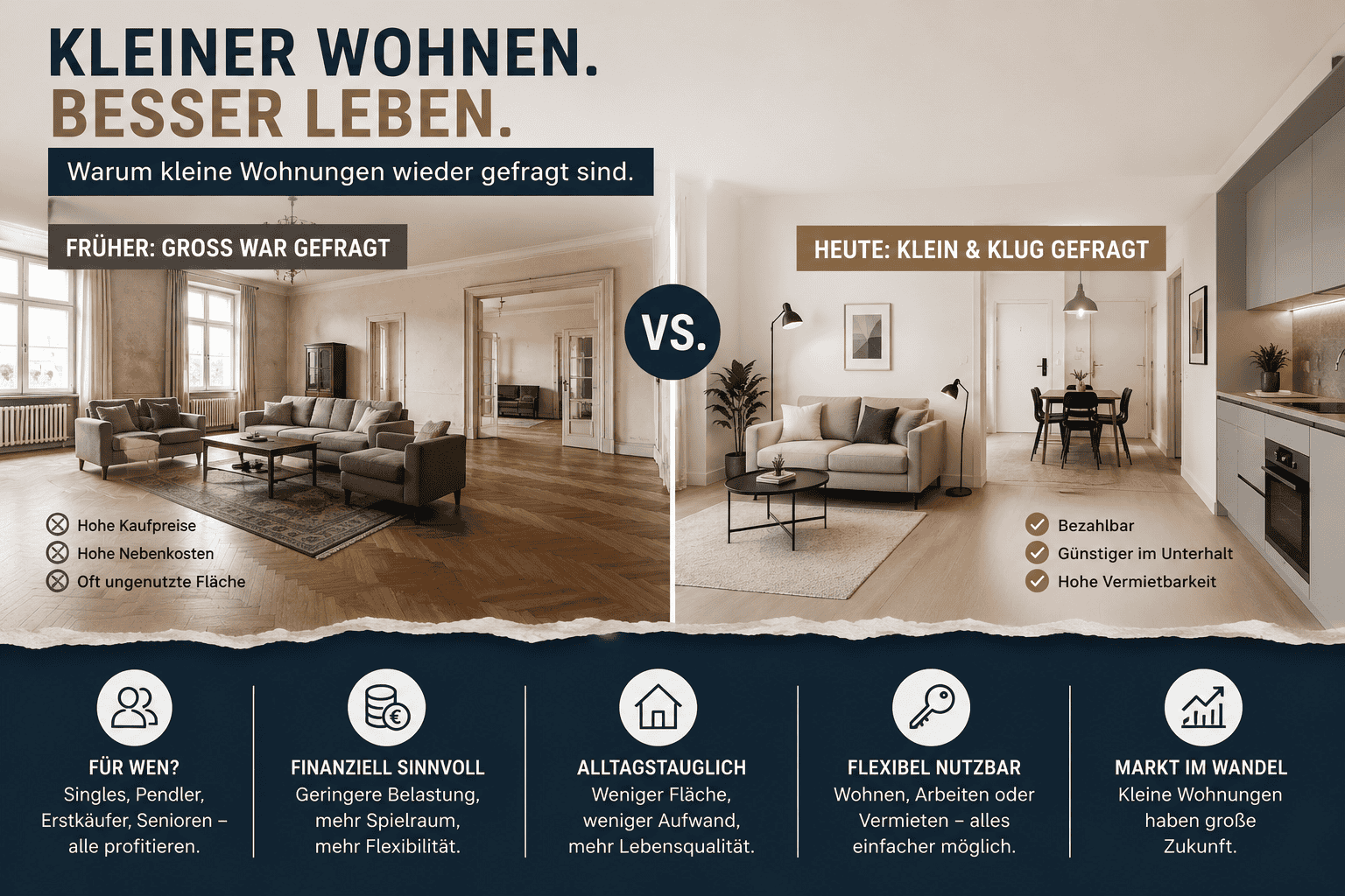 Warum kleinere Wohnungen plötzlich wieder deutlich gefragter sind? Denn lange Zeit galt vor allem eines: größer ist besser! Mehr Fläche bedeutete mehr Komfort, mehr Status und oft auch mehr Zukunftssicherheit. Große Wohnbereiche, zusätzliche Zimmer und möglichst viele Quadratmeter standen bei vielen Käufern ganz oben auf der Wunschliste.