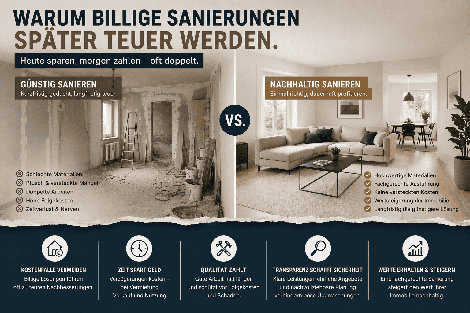 Warum billige Sanierungen später teuer werden! Wer eine Immobilie saniert, möchte verständlicherweise Kosten sparen. Gerade in Zeiten steigender Materialpreise und hoher Handwerkerkosten achten viele Eigentümer stärker auf Angebote als früher.