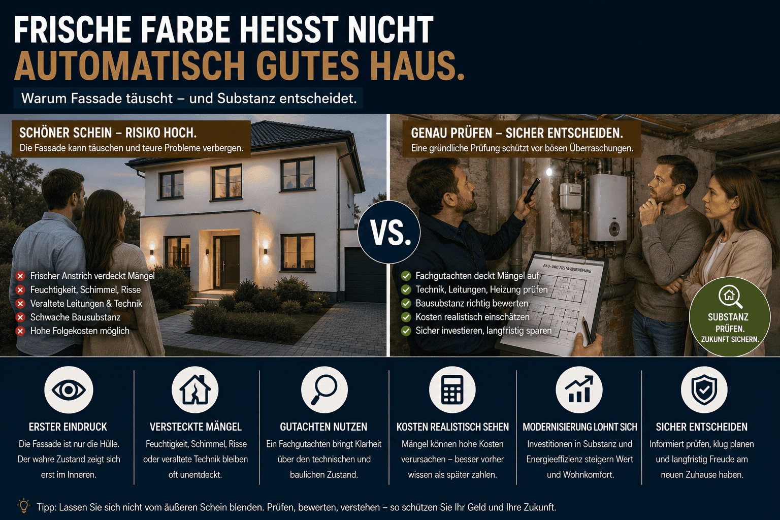 Wussten Sie, dass eine frische Farbe an der Fassade oft nur der äußere Schein für eine Immobilie ist? Obwohl es verlockend sein kann, bei einem frisch gestrichenen Haus zuzugreifen,