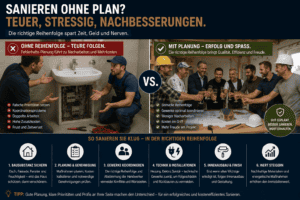 Wer ein Haus oder eine Wohnung kaufen m&ouml;chte, sieht sich oft mit der Herausforderung konfrontiert, umfangreiche Sanierungsarbeiten durchf&uuml;hren zu m&uuml;ssen. Dabei besteht die Gefahr, dass diese Sanierungen nicht geplant und in der richtigen Reihenfolge durchgef&uuml;hrt werden.