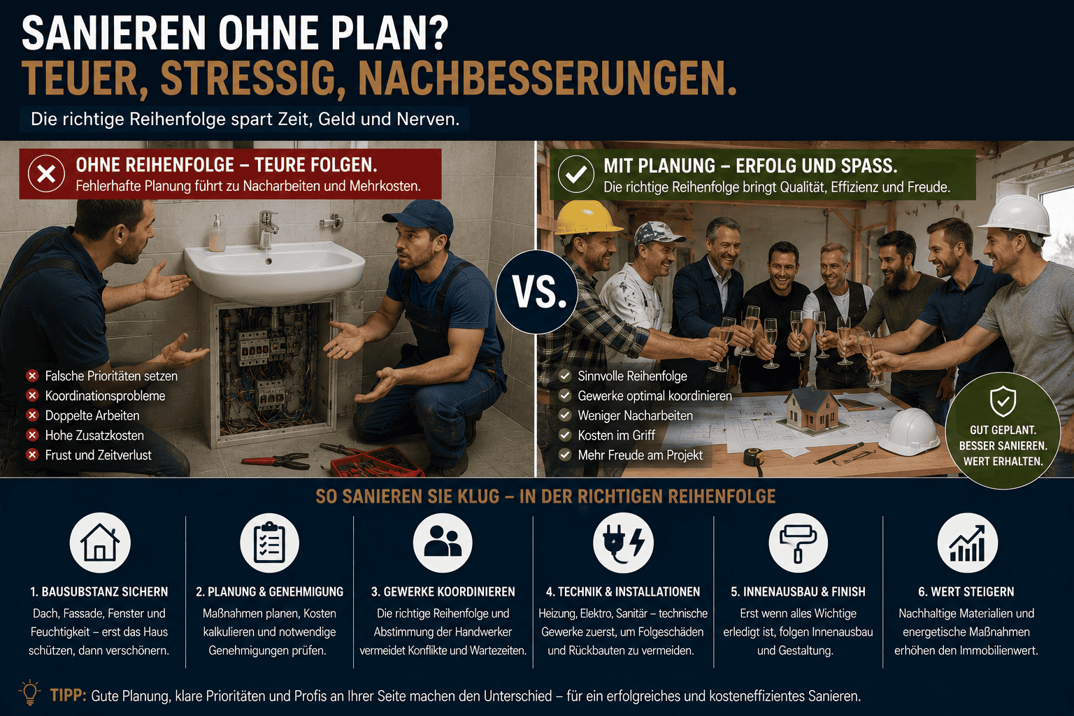 Wer ein Haus oder eine Wohnung kaufen möchte, sieht sich oft mit der Herausforderung konfrontiert, umfangreiche Sanierungsarbeiten durchführen zu müssen. Dabei besteht die Gefahr, dass diese Sanierungen nicht geplant und in der richtigen Reihenfolge durchgeführt werden.