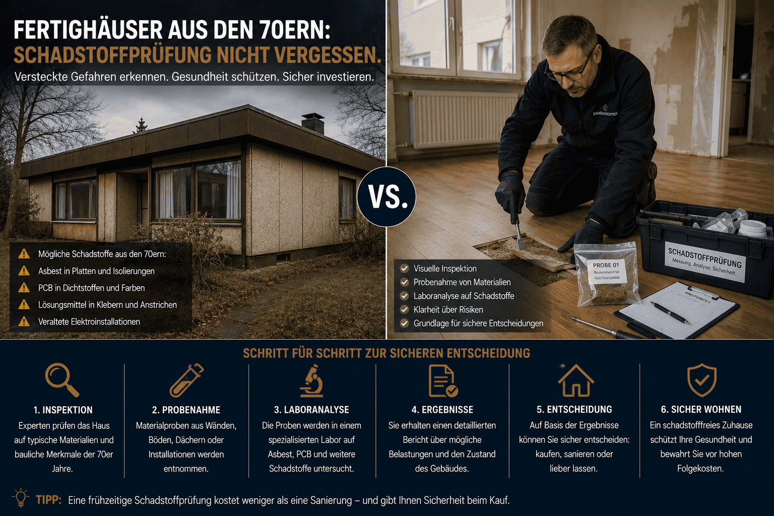 In vielen deutschen Städten stehen sie noch, die Fertighäuser aus den 70ern. Wer sich ernsthaft mit dem Gedanken trägt, ein solches Haus zu kaufen, sollte jedoch auf eine wichtige Thematik achten: die Schadstoffprüfung.