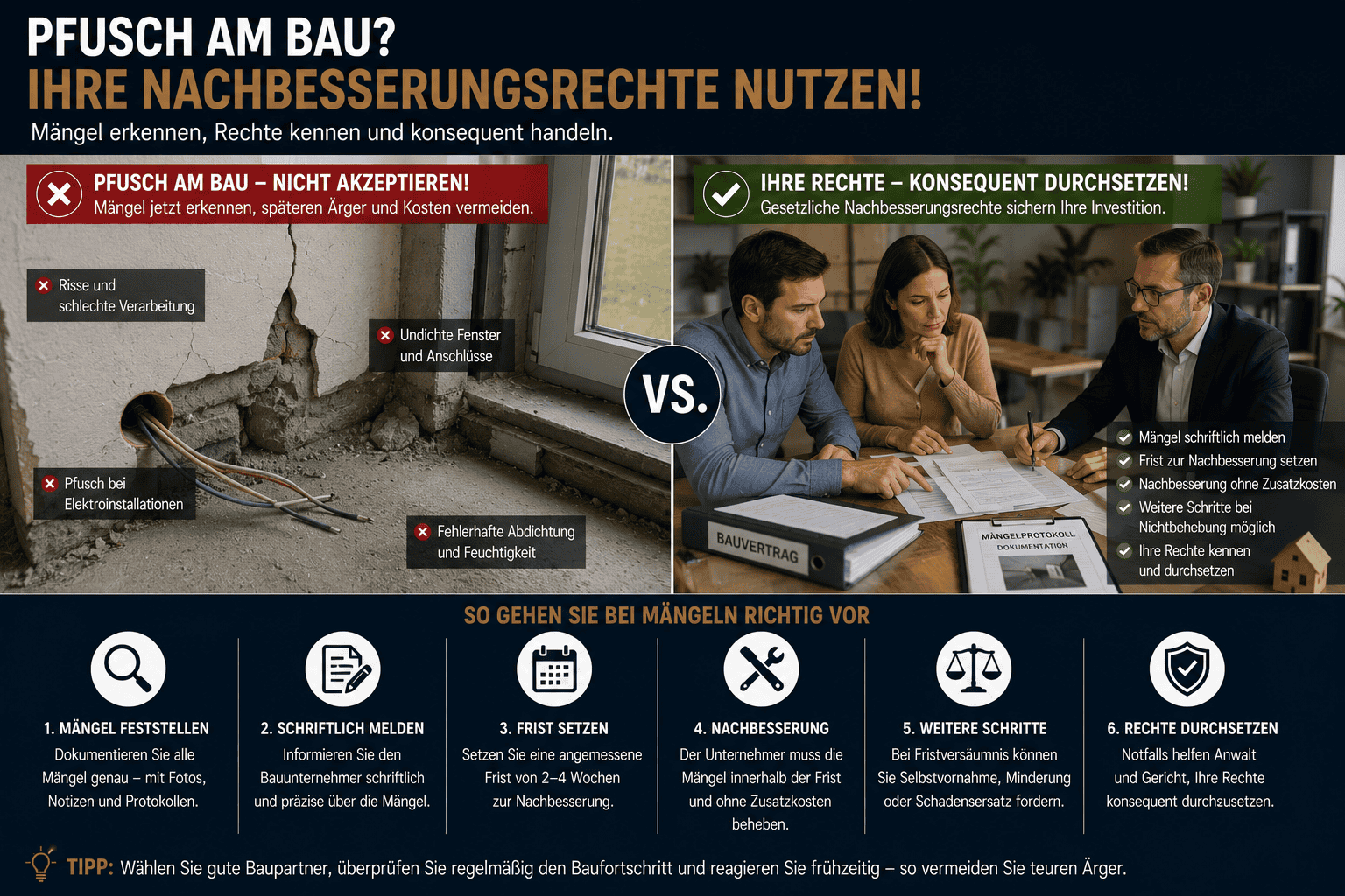 Wenn Sie ein neues Zuhause beziehen oder eine Immobilie renovieren lassen, ist es oft eine Überraschung, welche Mängel nach der Übergabe ans Licht kommen. Tatsächlich zeigen Statistiken, dass fast 40% aller Bauprojekte von Pfusch am Bau betroffen sind.