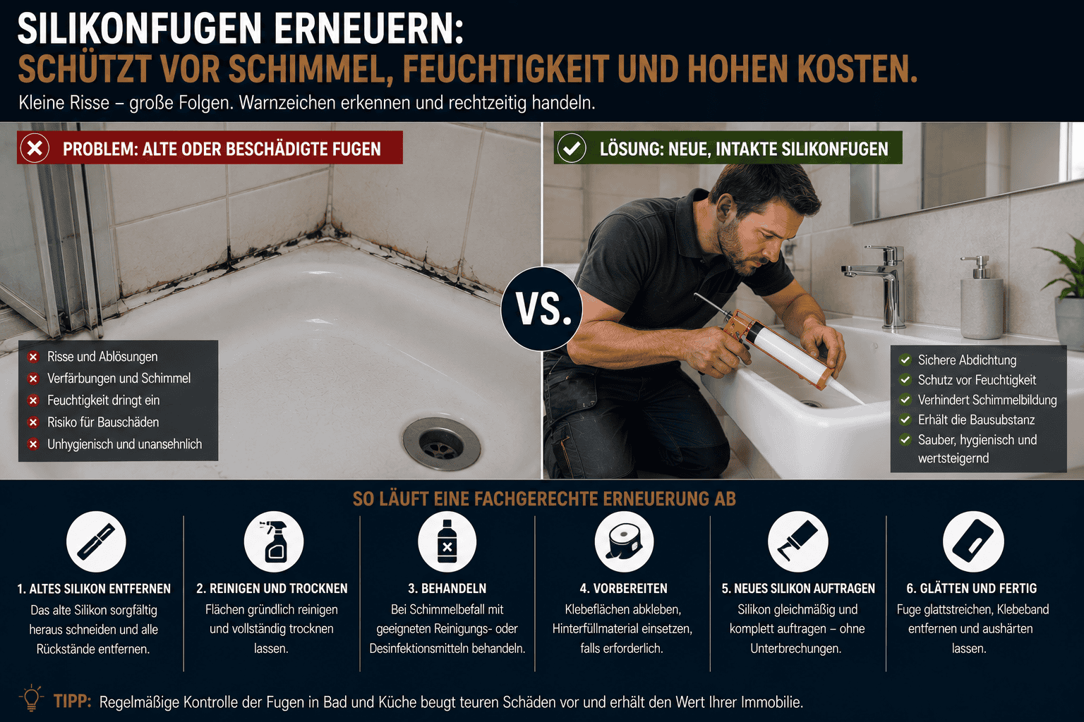Viele Eigentümer und Mieter kennen das Problem. Die Silikonfugen im Bad oder in der Küche sehen plötzlich unsauber aus, verfärben sich oder zeigen erste kleine Risse. Häufig wird das zunächst ignoriert, weil es wie ein rein optisches Problem wirkt.