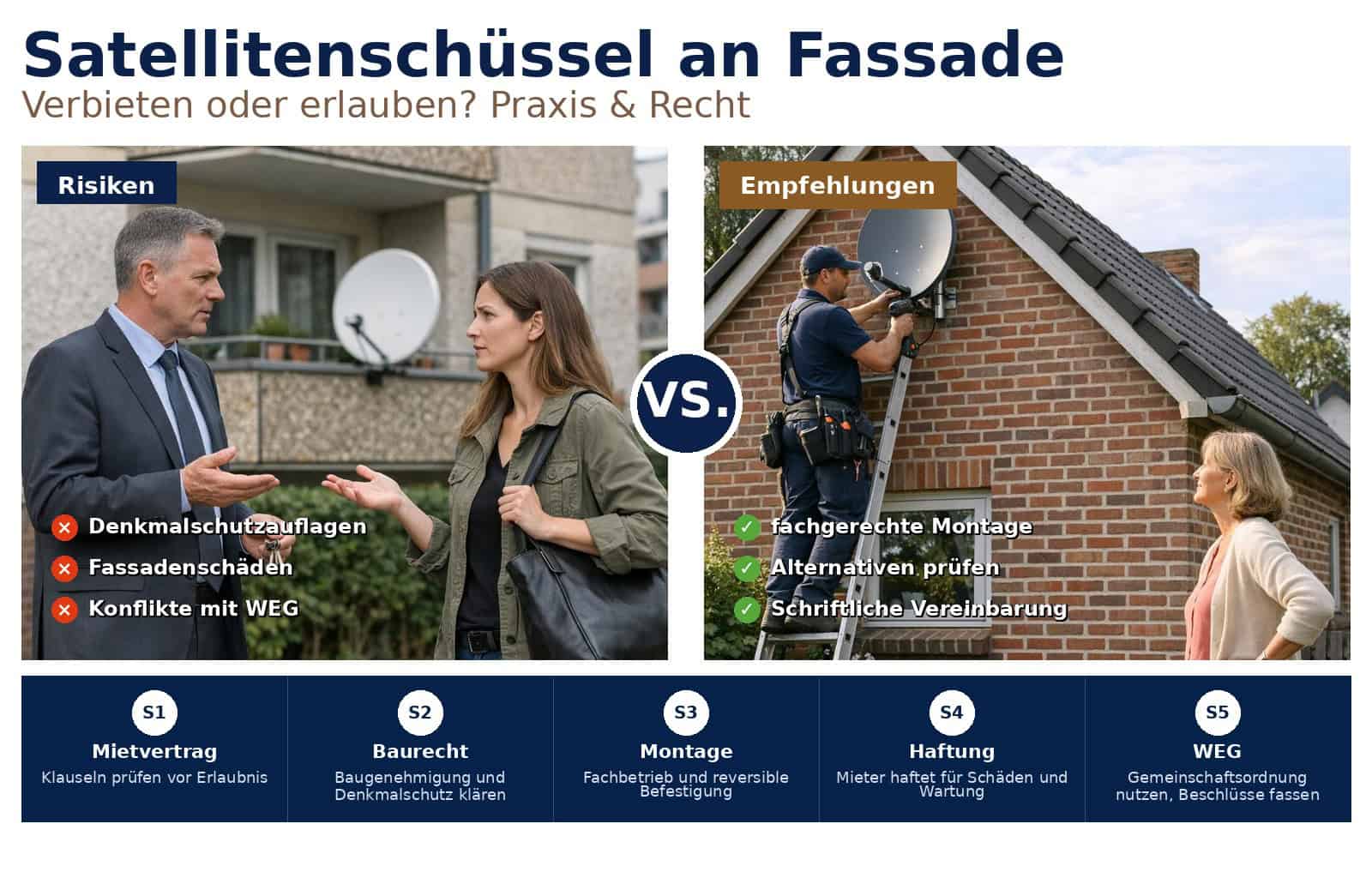 Wann dürfen Mieter eine Satellitenschüssel an der Fassade anbringen? Rechtliche, ästhetische und praktische Aspekte für Vermieter und Eigentümer kompakt erklärt.