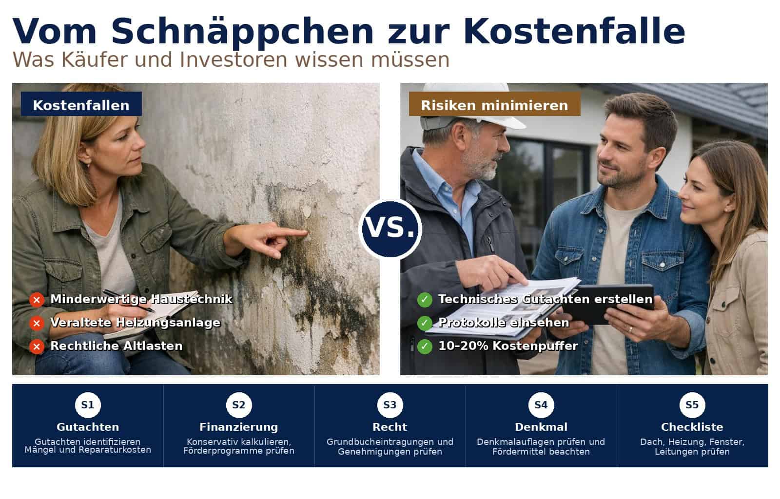 Günstige Immobilie kaufen: Versteckte Kosten bei Sanierung, Finanzierung und Recht erkennen. Praktische Tipps für Käufer, Investoren und Makler.
