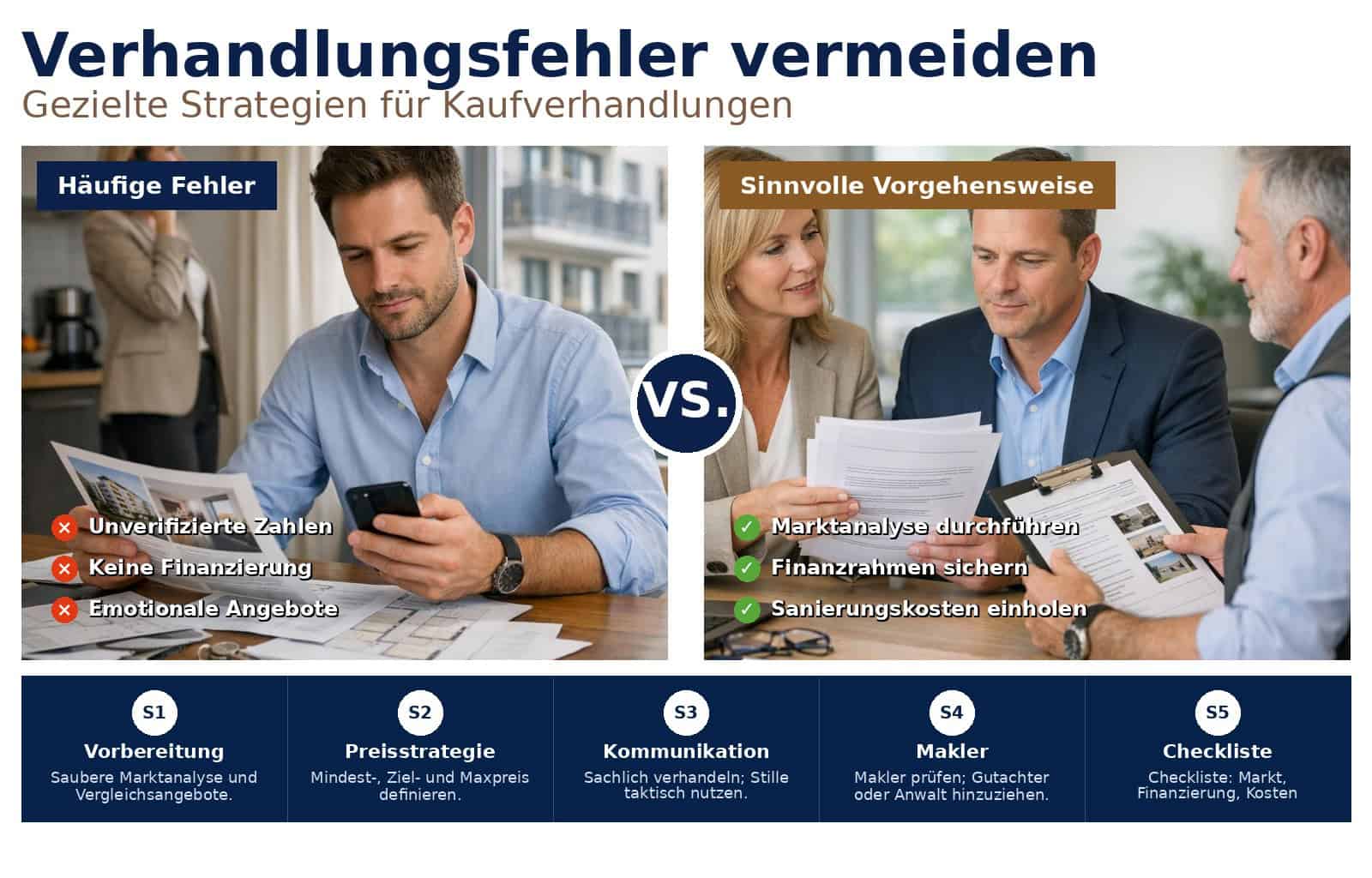 Vermeiden Sie Verhandlungsfehler beim Immobilienkauf mit praxisnahen Taktiken, Checkliste und Beispielen für Käufer, Investoren und Makler, mit Preistipps.