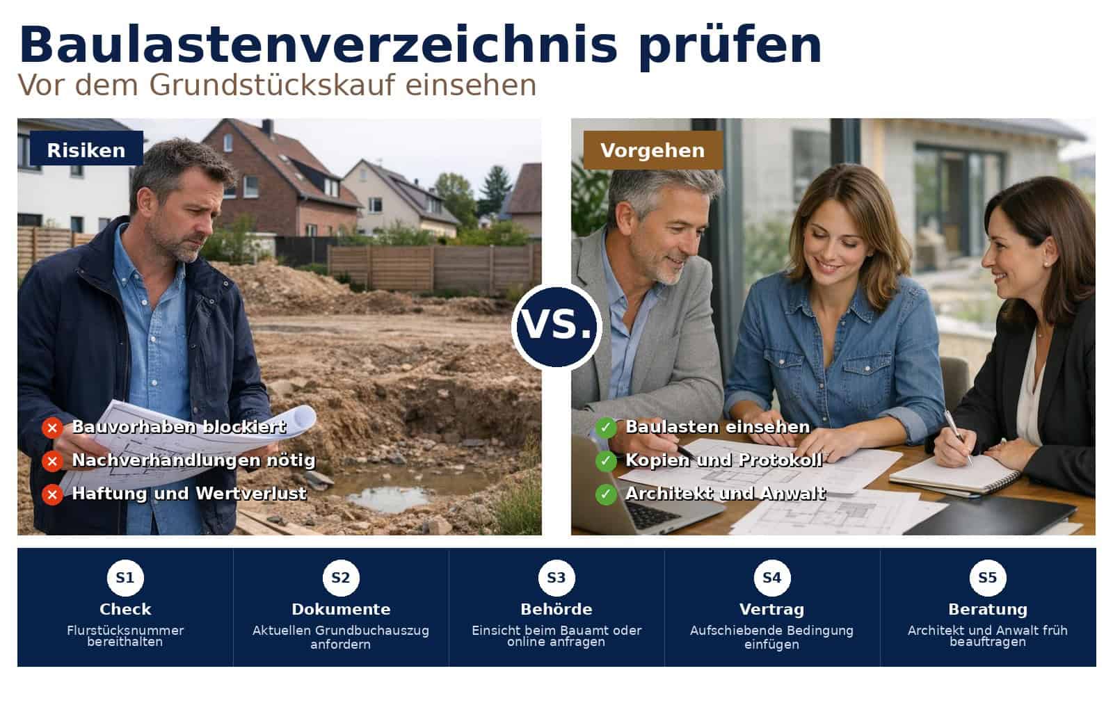 Baulastenverzeichnis einsehen: Prüfen Sie vor dem Grundstückskauf Eintragungen, damit Baupläne, Nutzung und Wert nicht unerwartet eingeschränkt werden.
