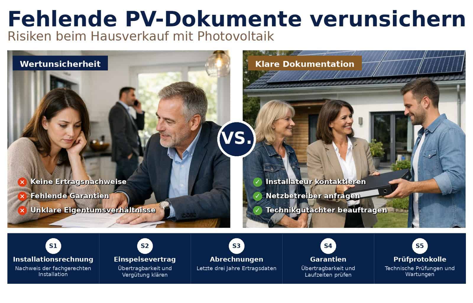 Fehlende PV-Dokumentation beim Photovoltaik Hausverkauf verunsichert Käufer und Verkäufer. Checkliste, Rechte und Lösungswege für Makler und Eigentümer.