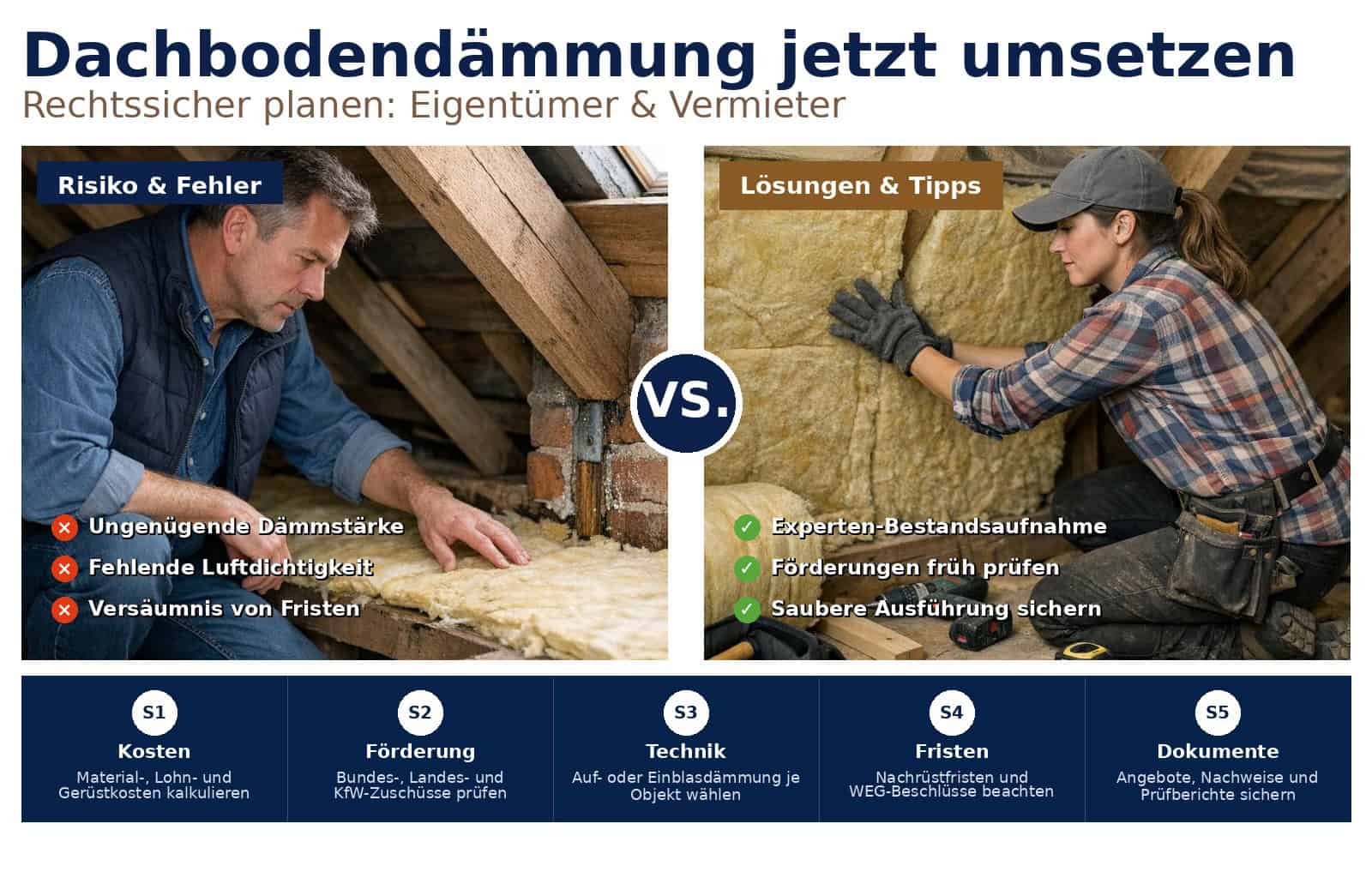 Dachbodendämmung Pflicht: Praktischer Leitfaden für Eigentümer und Vermieter zur rechtssicheren Umsetzung, Kostenkalkulation und Fördermittel-Nutzung.