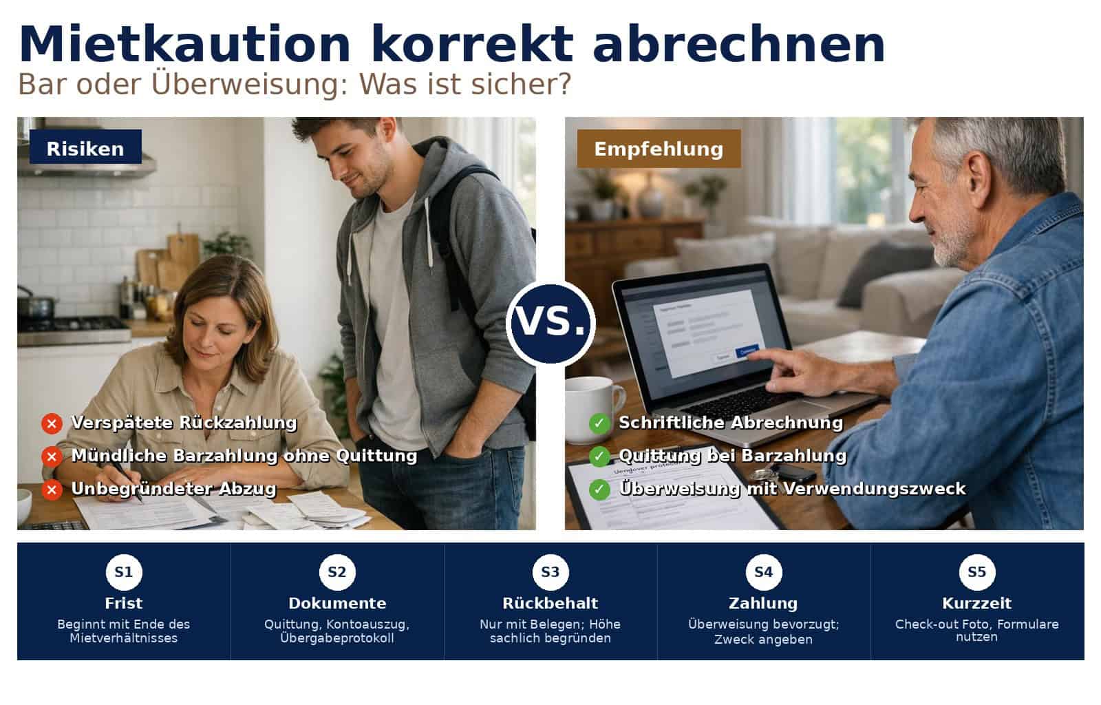 Praxisnahe Anleitung für Vermieter: Wie Sie Mietkautionen korrekt abrechnen, Fristen einhalten und Barzahlungen oder Überweisungen rechtssicher zurückgeben.