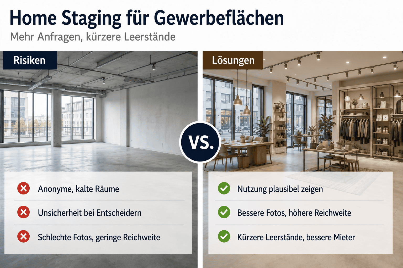 Stehen Ihre Gewerbeflächen seit Monaten leer, obwohl die Lage gut ist und das Angebot stimmt? Gewerbliches Home Staging kann der Schlüssel sein, um Interessenten schneller zu gewinnen und Leerstandskosten zu senken.