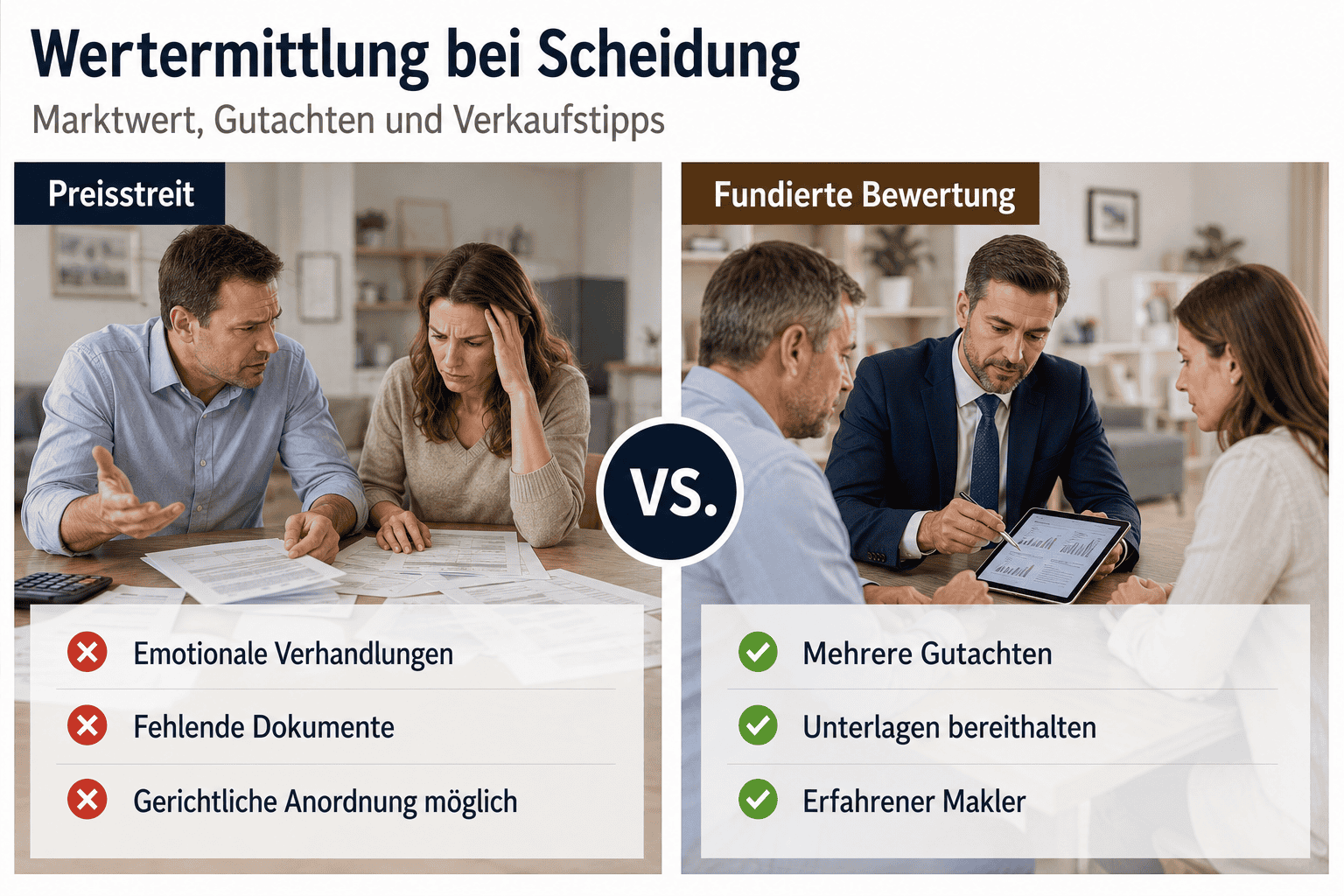 Wenn zwei Eigentümer sich trennen, beeinflusst der ermittelte Marktwert die Verteilung des Vermögens. Der erste Schritt ist stets eine professionelle Marktanalyse: Lage, Zustand und vergleichbare Verkäufe prägen den Wert.