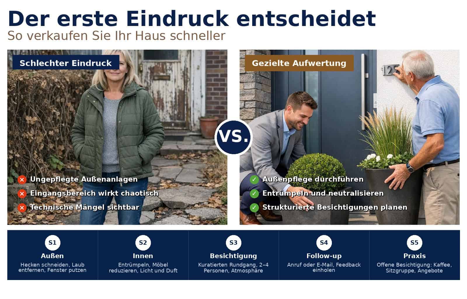 Wie Sie mit gezielten Maßnahmen den ersten Eindruck beim Hausverkauf optimieren: Praxisnahe Tipps zu Präsentation, Fotos, Besichtigungen und Verhandlung.