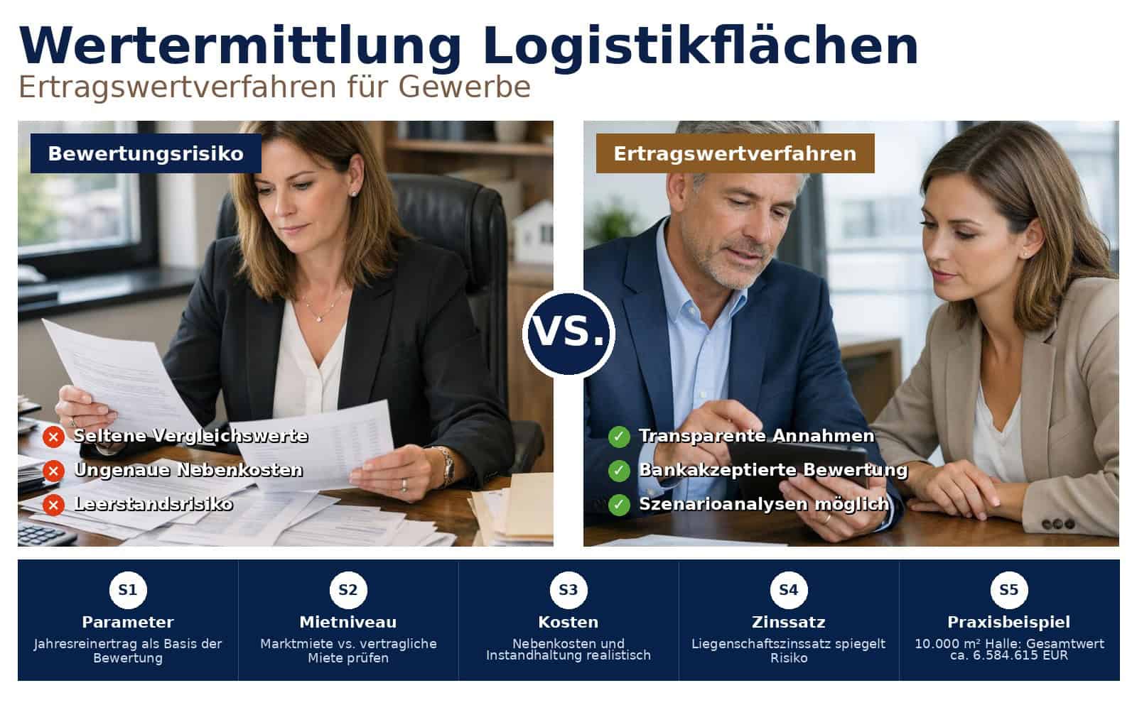Wertermittlung von Logistikflächen mit dem Ertragswertverfahren: Praxisorientierte Schritte, Einflussfaktoren und Rechenbeispiele für Investoren.