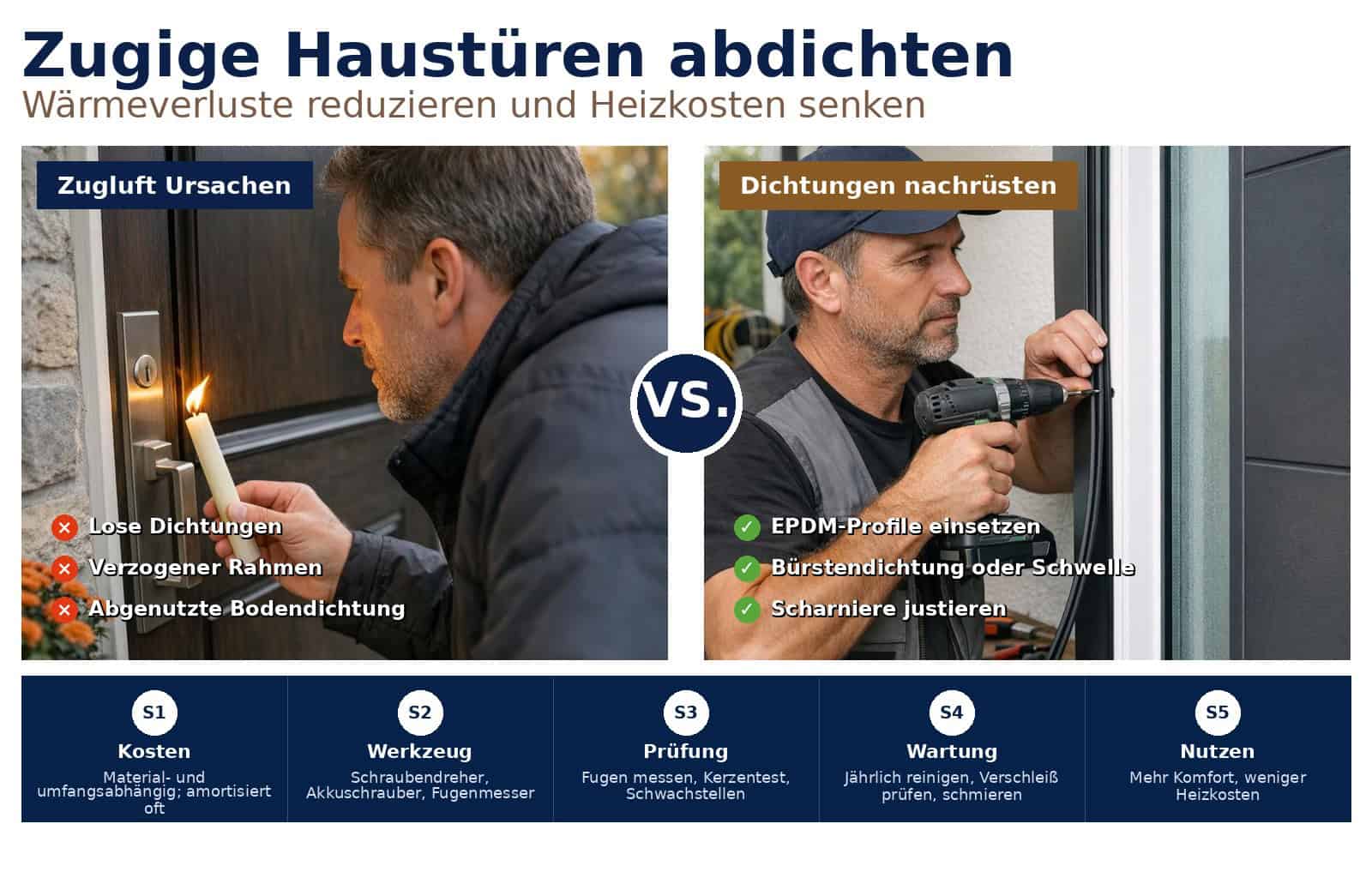 Haustür abdichten: Praktische Schritt-für-Schritt-Tipps, um Zugluft zu stoppen, Heizkosten zu reduzieren und Dichtungen selbst fachgerecht nachzurüsten.