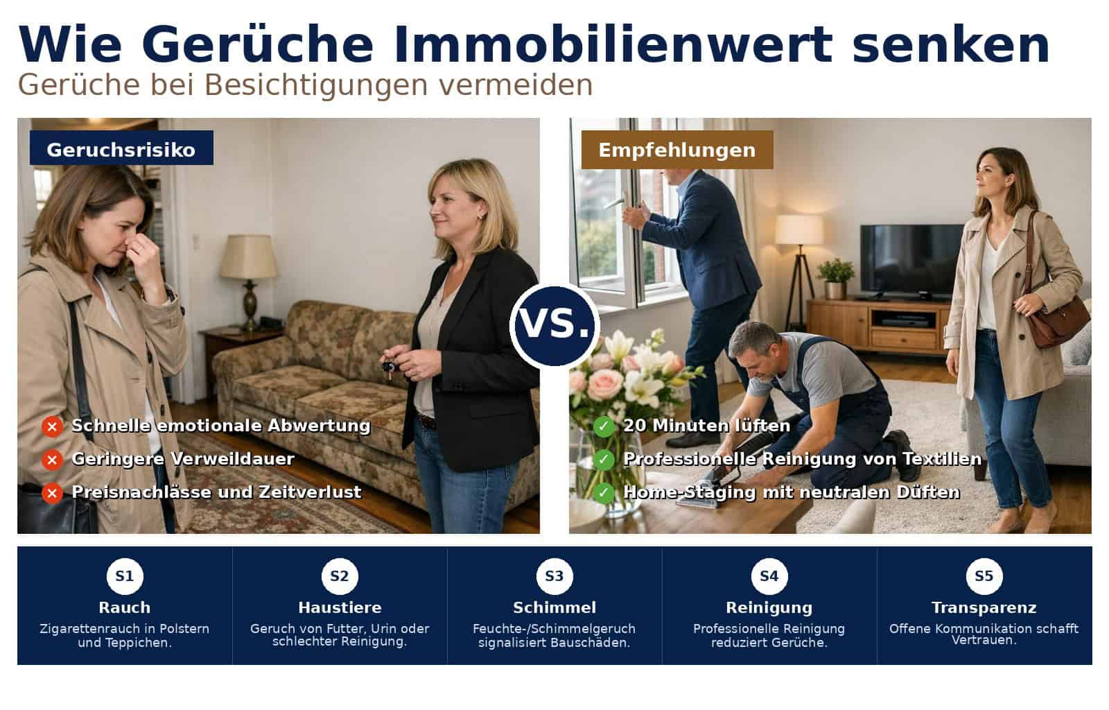 Gerüche beeinflussen Besichtigungen und Verkaufspreis stark. Praxistipps für Verkäufer, Makler und Käufer: Gerüche erkennen, neutralisieren und Wert sichern.