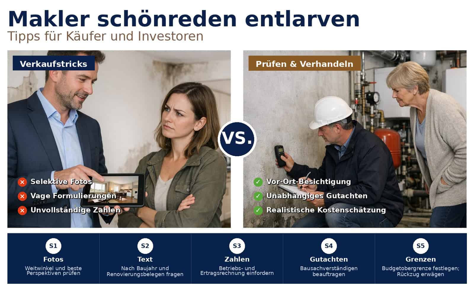 Wie Makler eine schlechte Immobilie beschönigen erkennen, Risiken vermeiden und als Käufer oder Investor gezielt prüfen, verhandeln und teure Fehlentscheidungen verhindern.