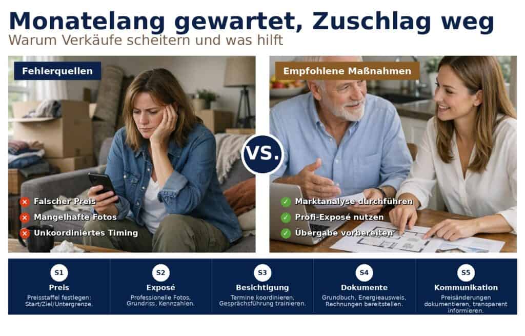 Monate ohne Käufer, am Ende verloren: Häufige Immobilienverkauf Fehler, Ursachen und konkrete Maßnahmen für Verkäufer und Makler zum Abschluss. Monate ohne Käufer, am Ende verloren: Häufige Immobilienverkauf Fehler, Ursachen und konkrete Maßnahmen für Verkäufer und Makler zum Abschluss.