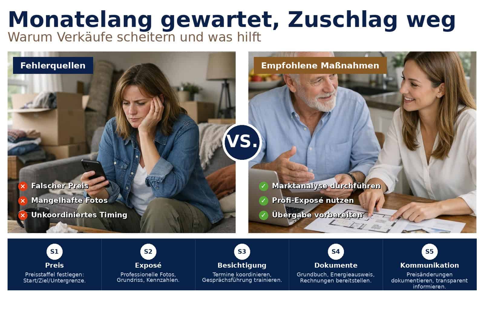 Monate ohne Käufer, am Ende verloren: Häufige Immobilienverkauf Fehler, Ursachen und konkrete Maßnahmen für Verkäufer und Makler zum Abschluss.
