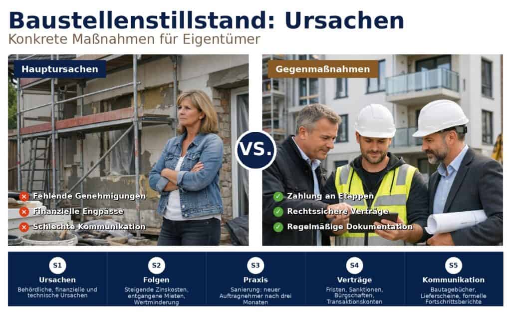 Baustellenstillstand erklärt: Ursachen, Folgen und sofort umsetzbare Gegenmaßnahmen für Käufer, Investoren und Eigentümer – so schützen Sie Zeit, Geld und Vertrauen. Baustellenstillstand erklärt: Ursachen, Folgen und sofort umsetzbare Gegenmaßnahmen für Käufer, Investoren und Eigentümer – so schützen Sie Zeit, Geld und Vertrauen.