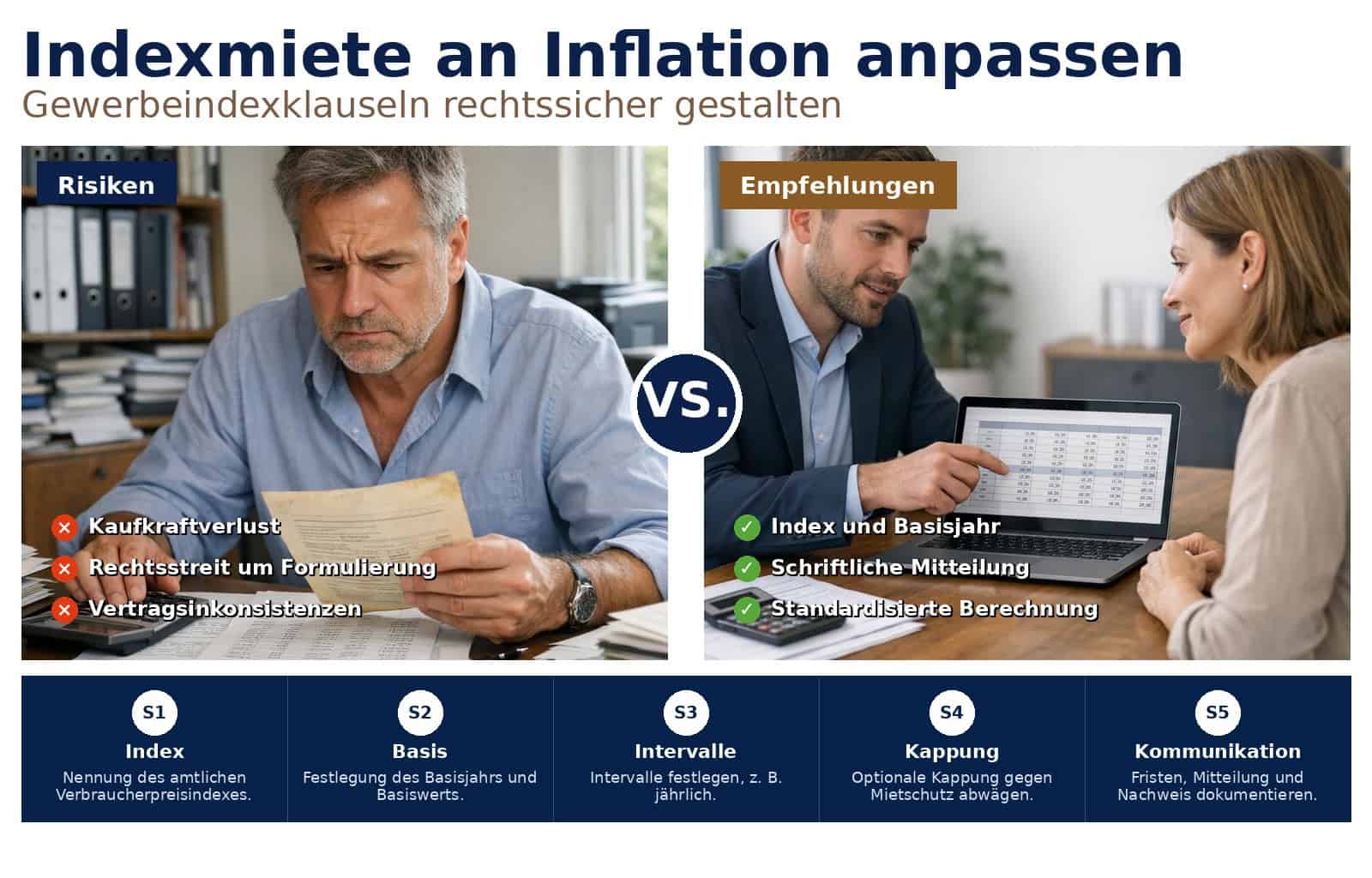 Praktische Anleitung für Vermieter: So passen Sie Indexmietverträge bei Gewerbeimmobilien an die Inflation an, rechtssicher und wirtschaftlich sinnvoll an.