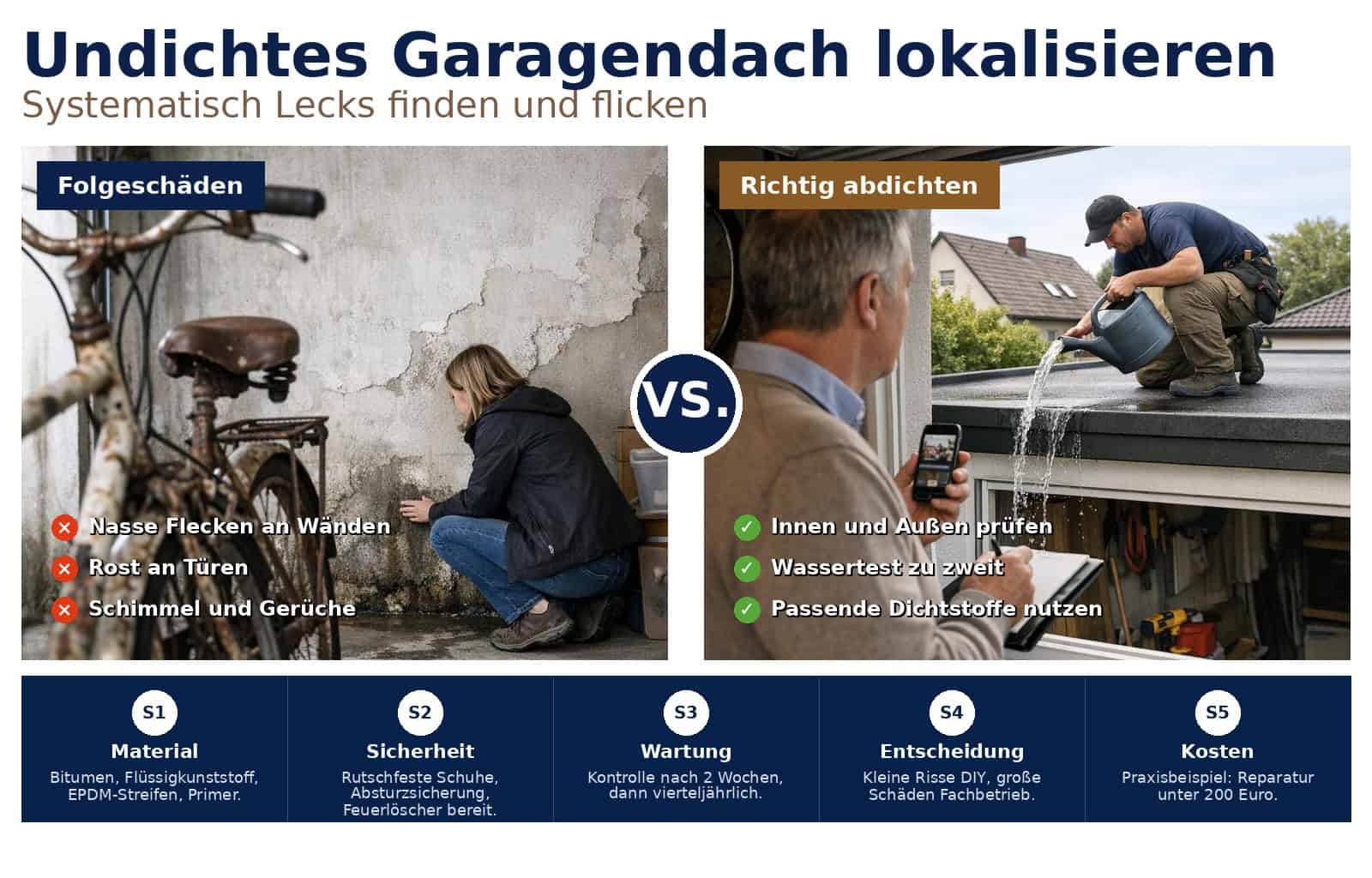 Garagendach undicht? So lokalisieren Sie Lecks, führen sichere Flickarbeiten aus und vermeiden teure Folgeschäden. Praxistipps für Eigentümer und Vermieter.