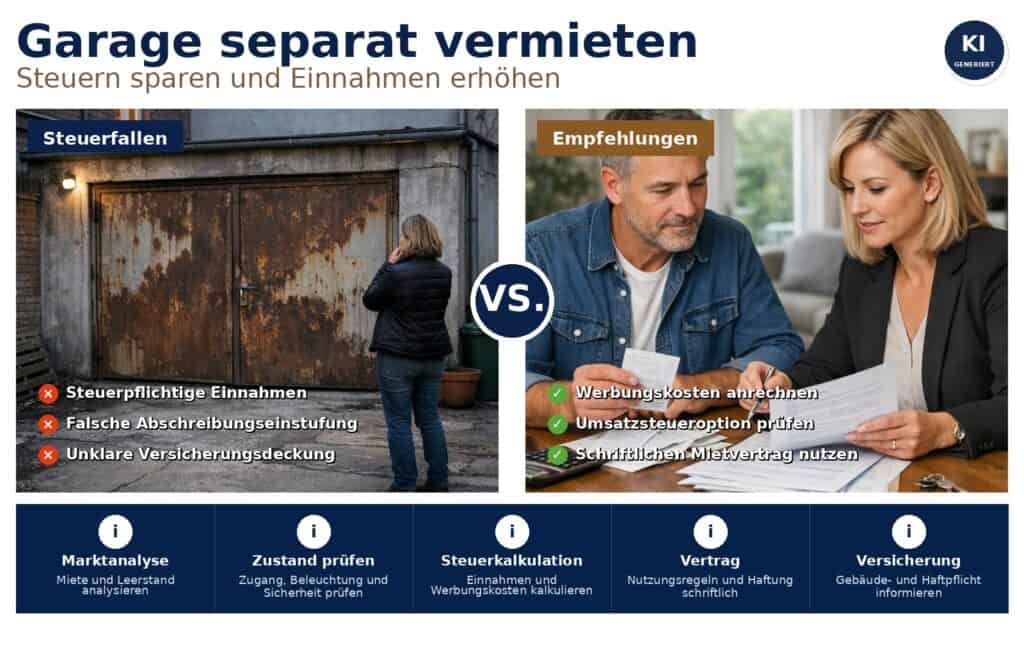 Garage separat vermieten: Praxistipps für Vermieter zur Einnahmenoptimierung, steuerlichen Absetzbarkeit, Abschreibung und vertragssicheren Vermietung. Garage separat vermieten: Praxistipps für Vermieter zur Einnahmenoptimierung, steuerlichen Absetzbarkeit, Abschreibung und vertragssicheren Vermietung.