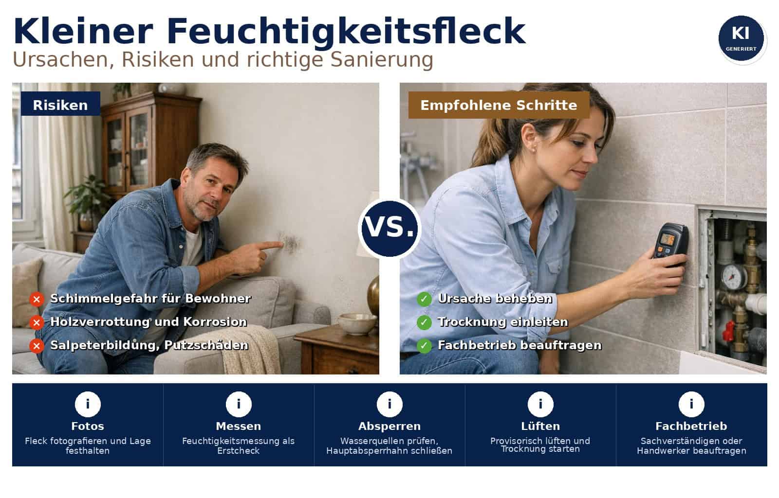 Ein kleiner Feuchtigkeitsfleck ist oft mehr als Kosmetik. Erfahren Sie Ursachen, Risiken und praktikable Sanierungsschritte für Feuchtigkeit im Haus.