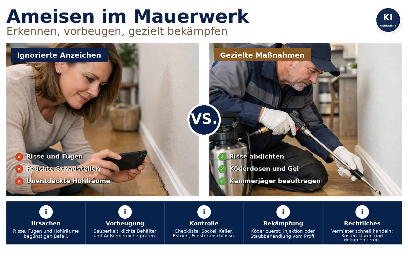 Konkrete Maßnahmen zur Erkennung, Vorbeugung und nachhaltigen Bekämpfung von Ameisen im Haus und im Mauerwerk für Eigentümer, Vermieter und Sanierer.