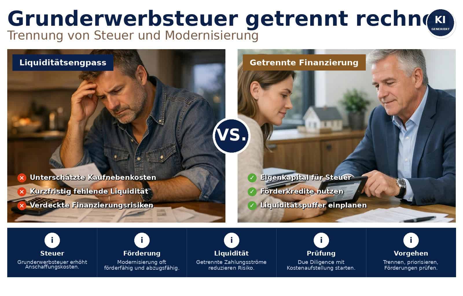 Warum Käufer Grunderwerbsteuer und Modernisierung getrennt rechnen sollten: So optimieren Sie Kaufnebenkosten, Finanzierung und Renditeplanung.