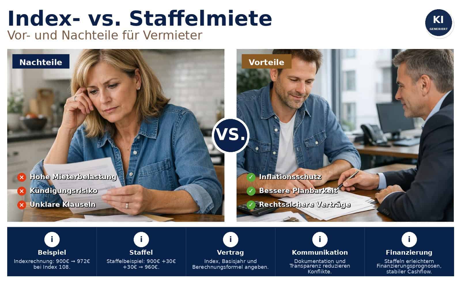 Indexmiete Staffelmiete Vergleich für Vermieter: Vorteile, Risiken, Praxisbeispiele und Umsetzungstipps für Eigentümer und Investoren. Steuern beachten.