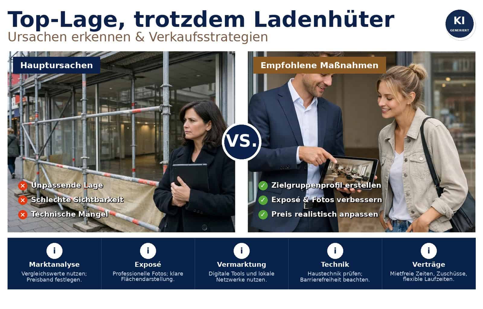 Warum Ihr Ladenlokal trotz bester Adresse nicht verkauft wird und wie Sie das ändern: Ursachen, Preisstrategien, Käuferansprache und praxisnahe Checkliste für Eigentümer.