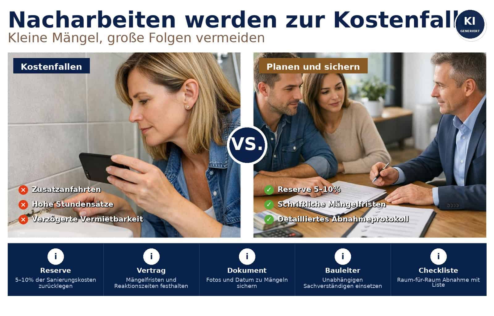 Warum kleine Nacharbeiten bei einer Sanierung oft teuer werden: Tipps zu Kostenschätzung, Verträgen, Abnahmen und Rücklagen für Käufer, Eigentümer und Vermieter.