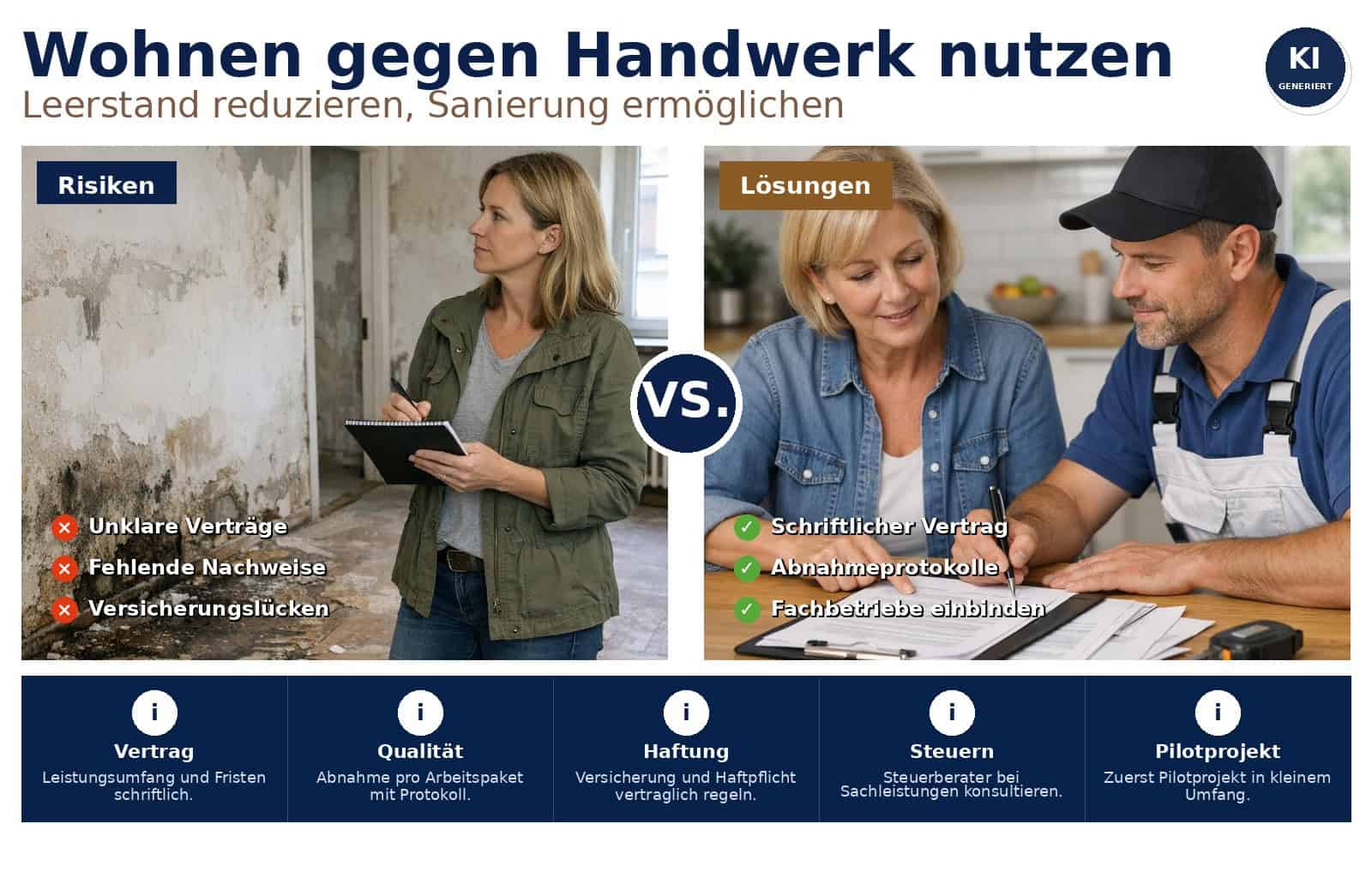 Wohnen gegen Handwerk: Praxisnahe Anleitung für Vermieter und handwerklich aktive Mieter mit Vertragsmustern, Haftungsregeln und konkreten Umsetzungstipps.