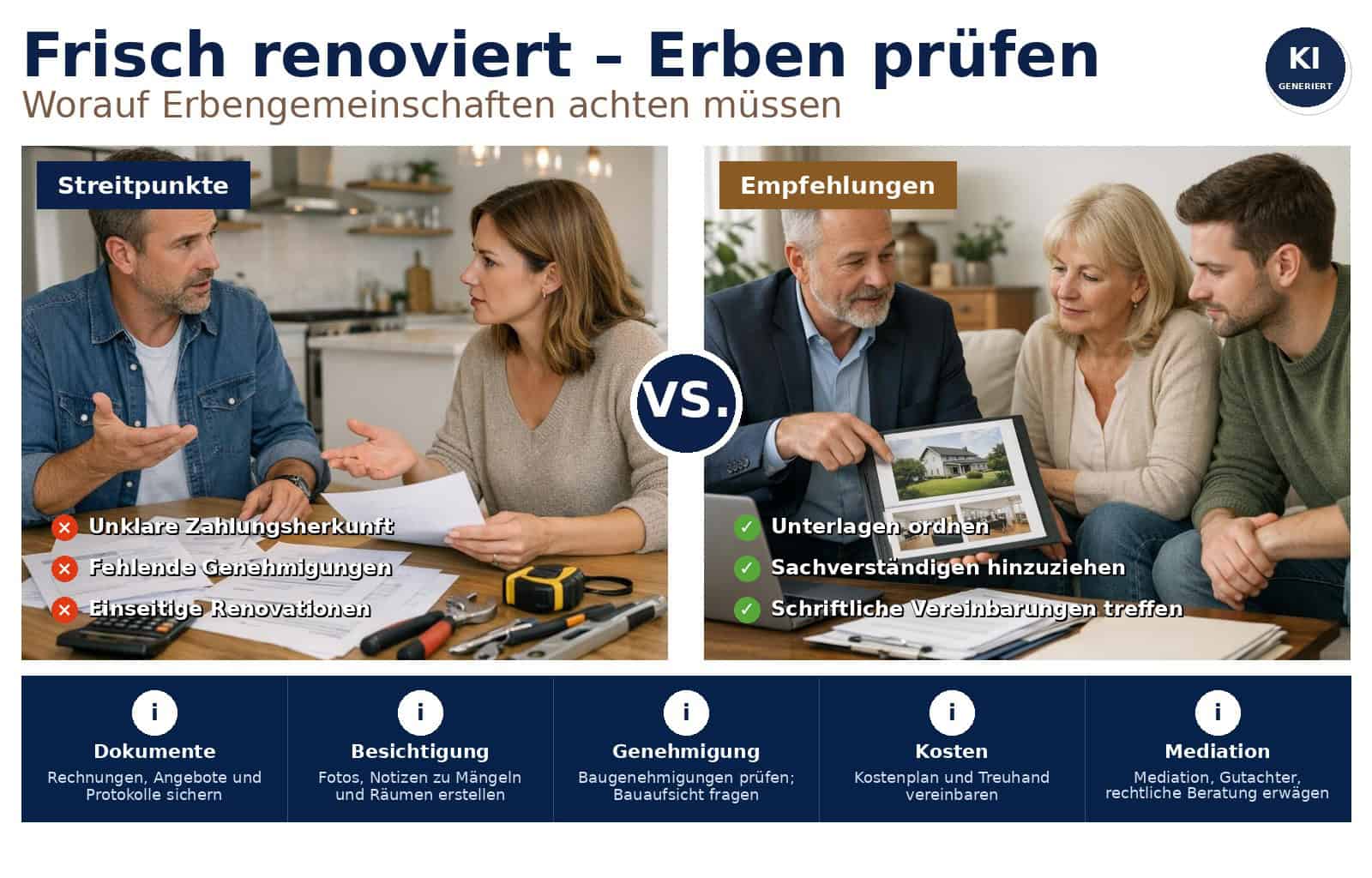 Frisch renoviert? Erben sollten Renovierungsumfang, Kostenverteilung, Mietrecht und Konfliktpotenzial in der Erbengemeinschaft prüfen – praxisnah, rechtssicher.