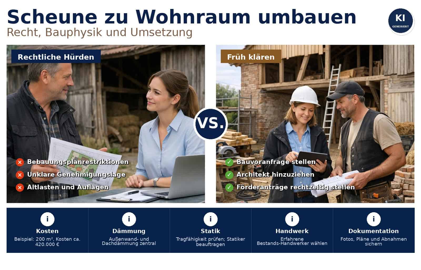 Praktische Anleitung zur Umnutzung einer Scheune zu Wohnzwecken: rechtliche Prüfung, Bauphysik, Kosten, Förderungen und Umsetzungsschritte für Eigentümer und Sanierer.
