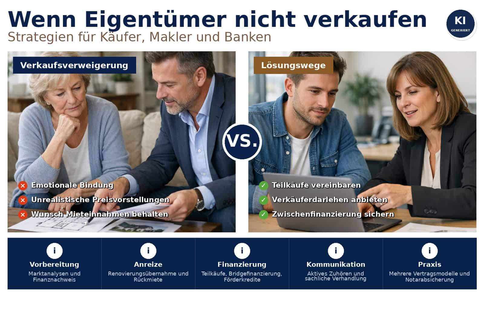 Strategien für Käufer, Makler und Banken, wenn Eigentümer nicht verkaufen wollen. Handlungsmöglichkeiten, Verhandlungsansätze und Finanzierung, wenn Immobilienfinanzierung knapp ist.