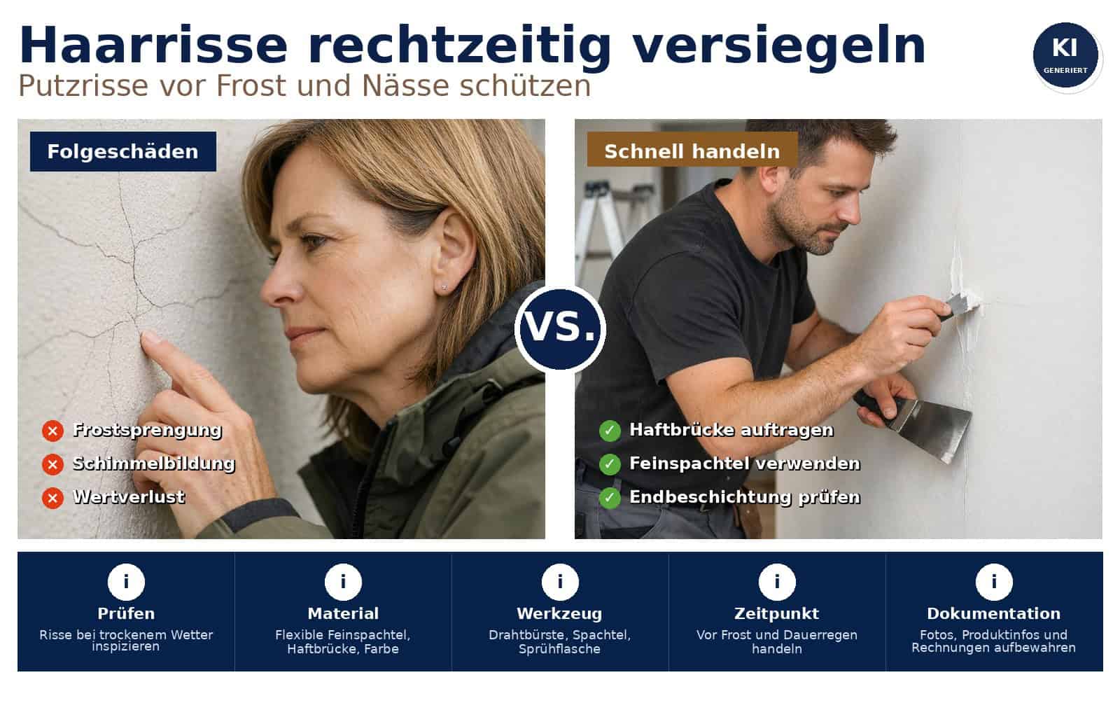 Haarrisse im Außenputz vor dem Winter versiegeln: Praxistipps für Eigentümer und Vermieter, wie Sie Risse Außenputz ausbessern und Frostschäden verhindern.