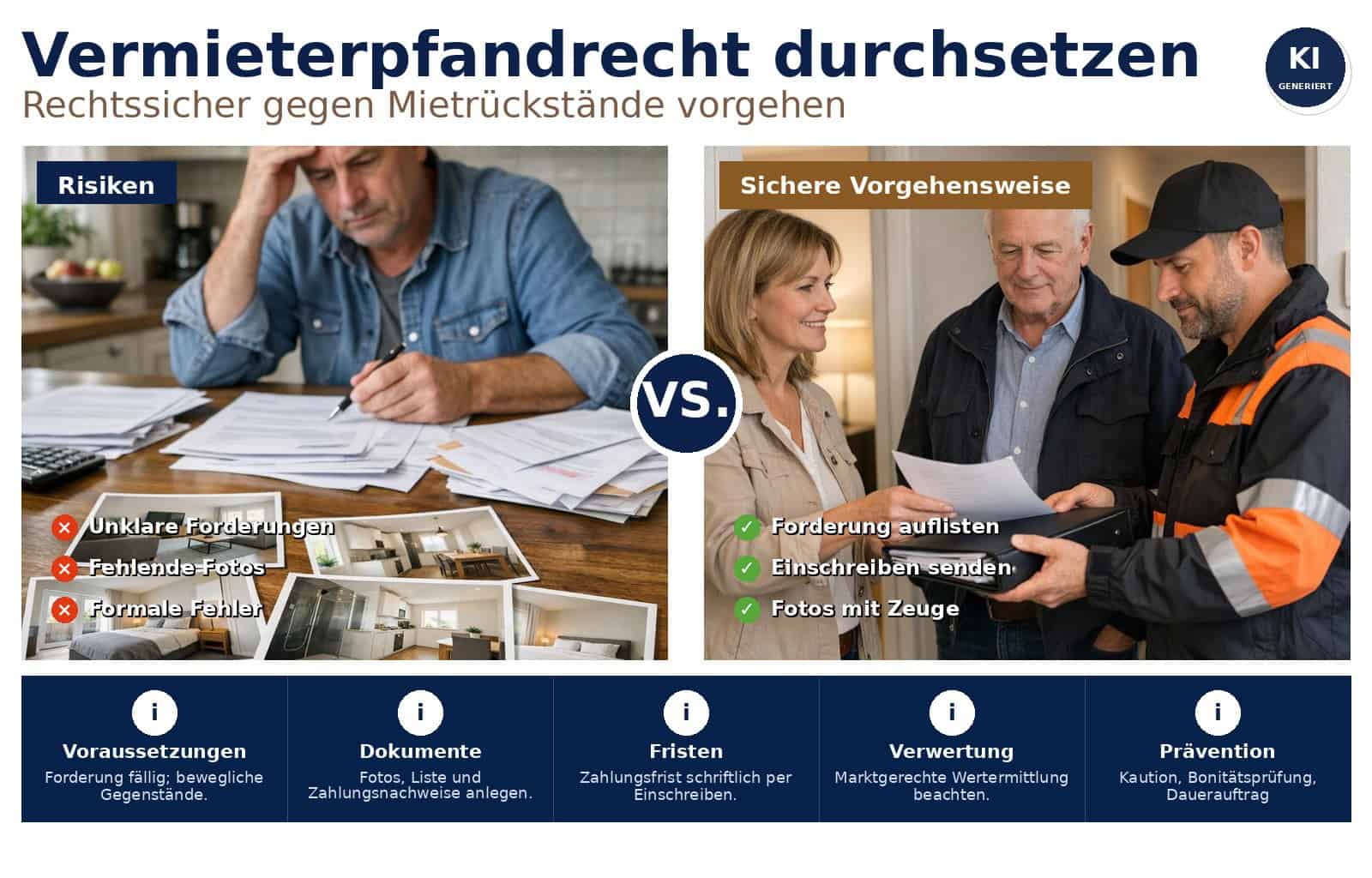 Praktische Anleitung, wie Vermieter das Vermieterpfandrecht anwenden und bei Mietrückständen rechtssicher durchsetzen. Fristen, Schritte, Praxisbeispiele.