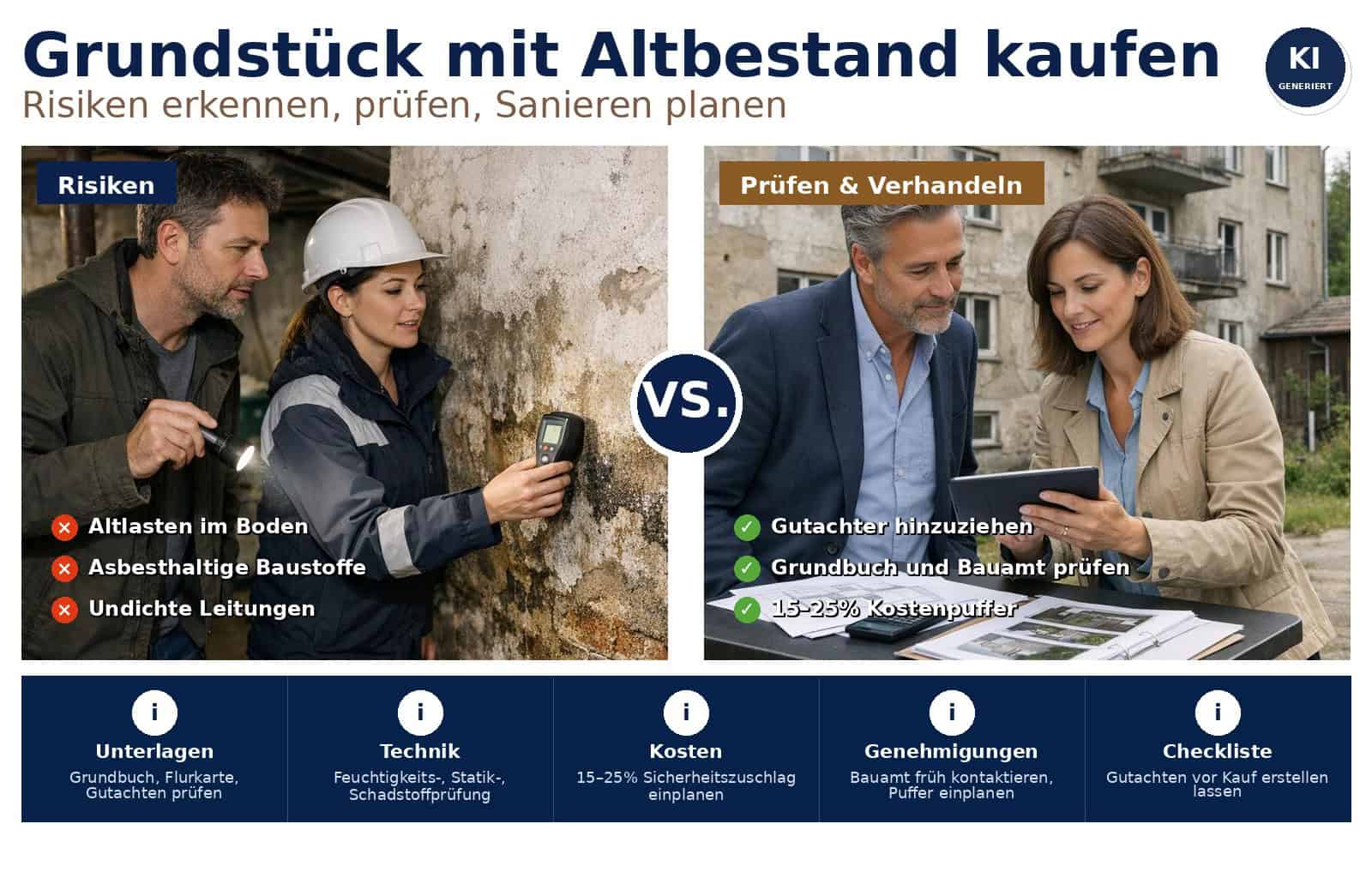 Leitfaden für Käufer und Investoren: Risiken beim Grundstück mit Altbestand erkennen, Prüflisten nutzen und Sanierung effizient sowie realistisch planen.